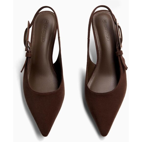 Women's Dark Brown Slingback Kitten Heels Closed Pointed Toe Pumps Buckle Strap - Picture 4 of 5